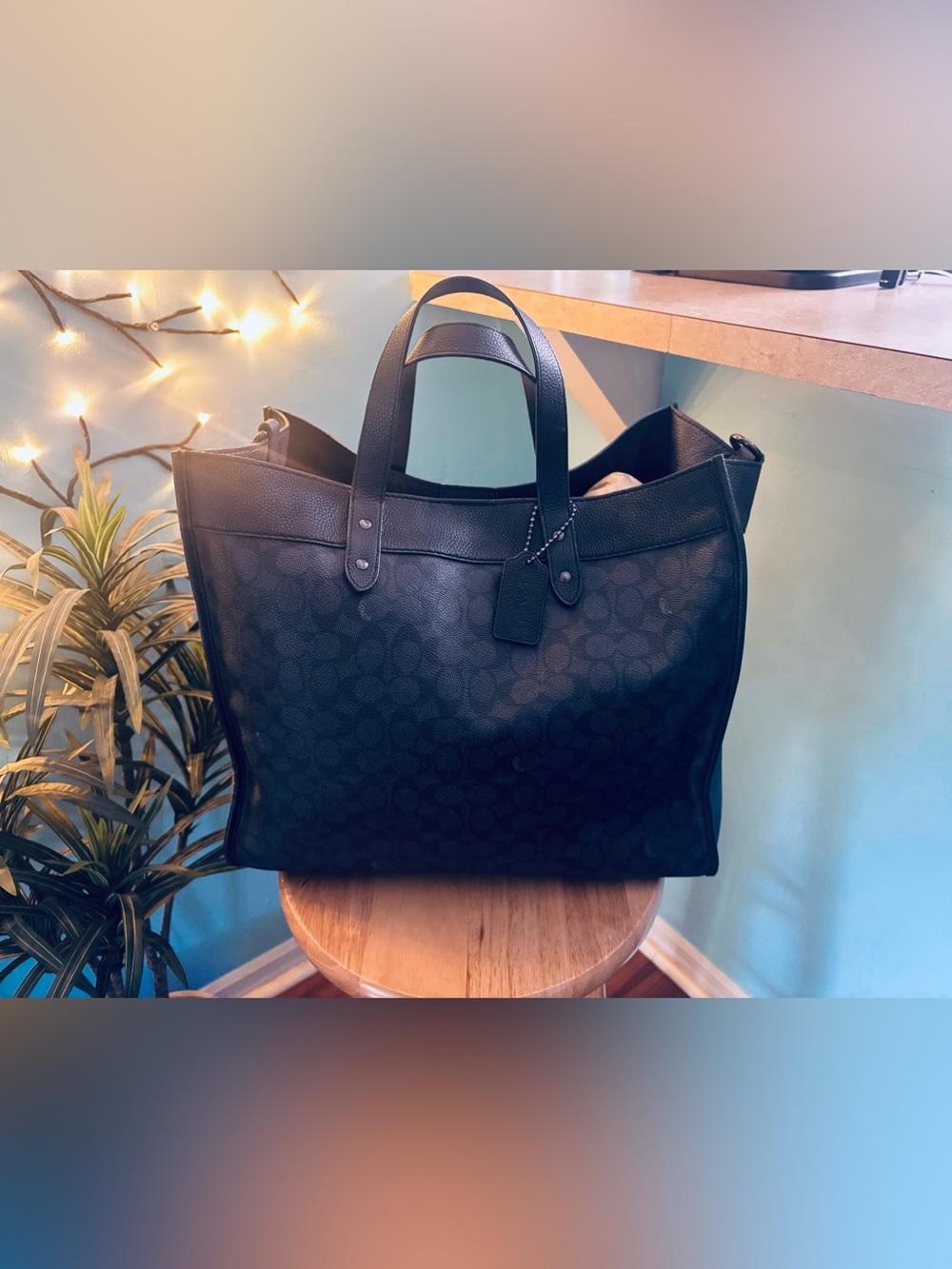 Coach XL Field Black Tote Bag w/ Webbing Strap